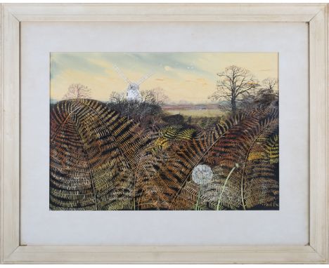 Paul Evans - Landscape with Ferns, Windmill and Tractor, 20th century watercolour with gouache, signed, 36cm x 53cm, within a