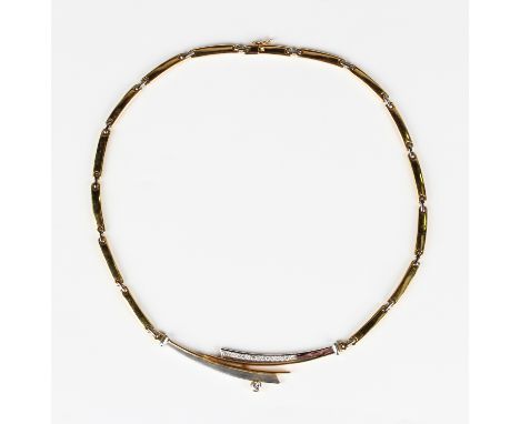 A two colour gold and diamond collar necklace, the front in a curved twin section design, collet set with one principal circu