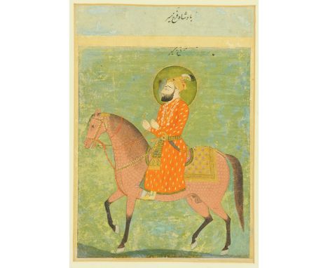An Indian watercolour and gouache, 19th century, depicting a Mughal Prince upon a horse, his head profile in a halo, 24.5 cm 
