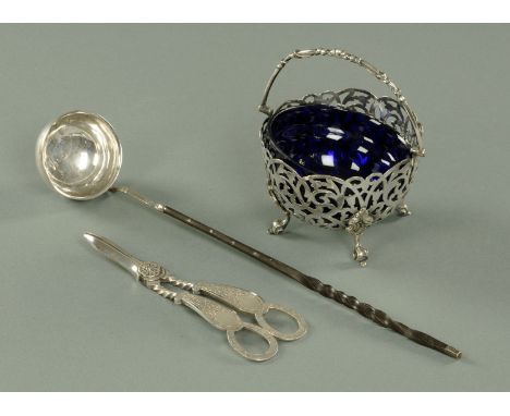 A silver coloured metal toddy ladle with baleen handle, a pair of silver plated grape scissors and a silver plated sugar bowl