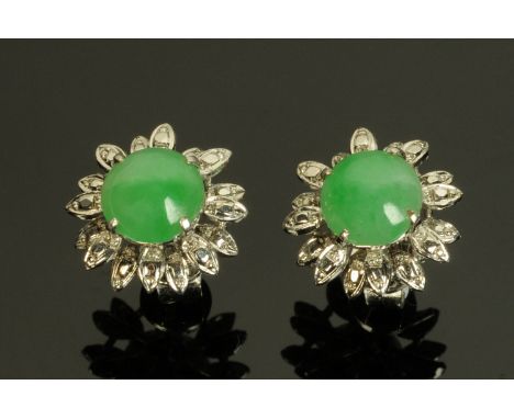 A pair of Chinese jade cluster earrings, with mounts to simulate diamonds, set in white gold coloured metal.  Diameter +/- 15