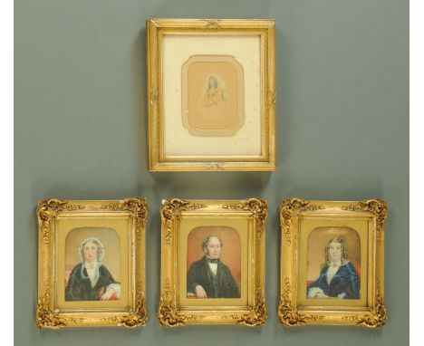 Three Victorian portraits, two ladies and a gentleman, watercolour and gouache, and a further watercolour portrait of an elde
