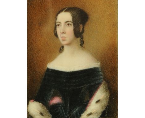 A 19th century portrait miniature on ivory, rectangular, lady in black dress with ermine cuffs, 9.5 cm x 7.5 cm, framed (see 