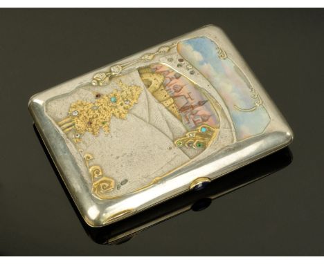 A Russian silver enamelled and jewelled cigarette case, with classical scene, 84 Kokoshnik mark, Moscow (1908-1926), maker HT