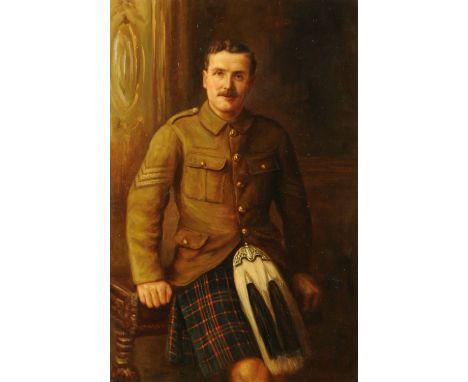 An early 20th century oil painting on canvas, portrait of a Scottish Sergeant wearing kilt, 74 cm x 50 cm, framed. CONDITION 