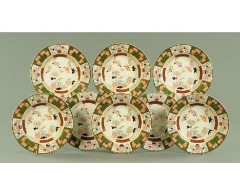 Two Victorian Ashworth Brothers Ironstone dinner plates, diameter 26 cm, and six matching soup bowls, printed and impressed m