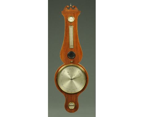 An oversized Regency mahogany and boxwood strung barometer, with silvered hygrometer, thermometer, dial and level, the dial i