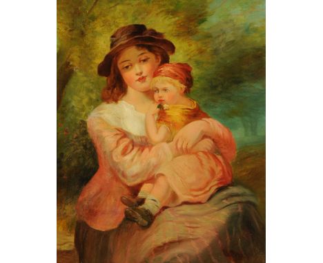 An oil painting on canvas, portrait of young mother with child, 49.5 cm x 38 cm, framed and signed N. Faed.