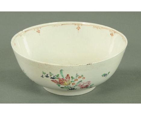 A Chinese porcelain bowl, circa 1770, decorated with polychrome floral sprays to the exterior, the interior with a single flo