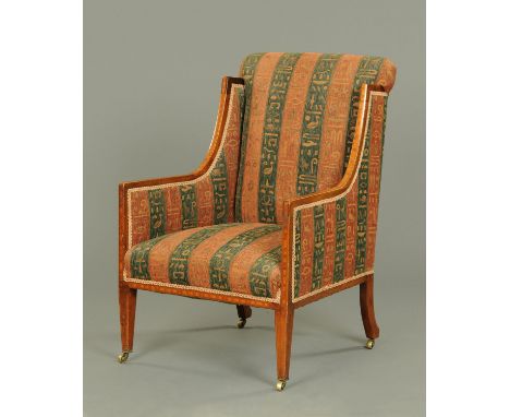 An Edwardian inlaid mahogany armchair, the exposed showframe being satinwood crossbanded, boxwood and ebony strung and raised