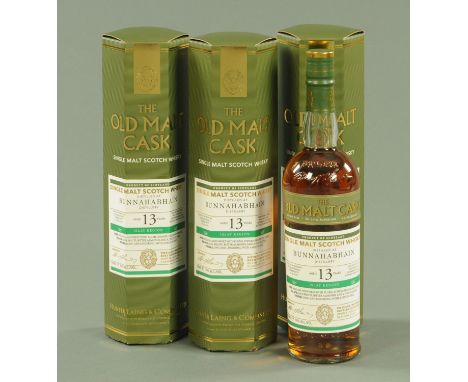 Three bottles of Bunnahabhain single malt Scotch whisky, "The Old Malt Cask", Hunter Laing &amp; Company Limited, each in box