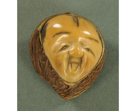 A Japanese carved Tagua nut Netsuke, circa 1900, carved as a yawning Daruma, signed verso, 4.5 cm long.