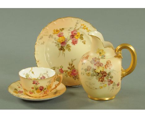 A Royal Worcester blush ground trio, date codes 1899/1901, floral spray decoration heightened with gilding against a blush gr