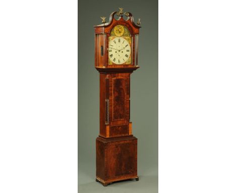 An early 19th century mahogany longcase clock, with swans neck pediment with walnut veneer beneath, with painted dial and two