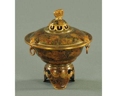 A Chinese cloisonne incense burner, mid to late 20th century, with pierced lid with Ruyi head shoulder and decorated througho