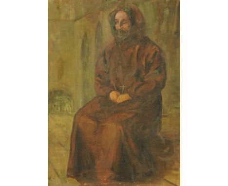 Oil painting on canvas, portrait of a seated monk, 54 cm x 39 cm.