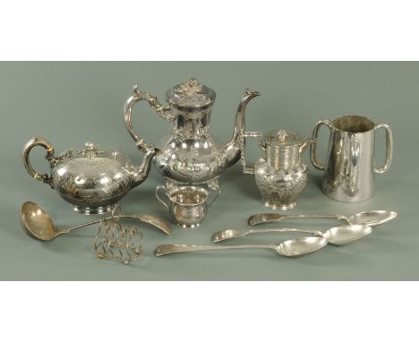 A collection of Victorian silver plate, comprising coffee pot, teapot, hot water jug, tyg, two handled bowl, toast rack, ladl