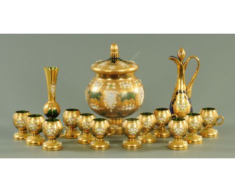 A Murano glass punch bowl set, mid 20th century, comprising lidded punch bowl and twelve cups, each with a green glass body o