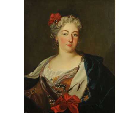 A 19th century oil on canvas, portrait of a lady wearing a blue cape.  70 cm x 57 cm.
