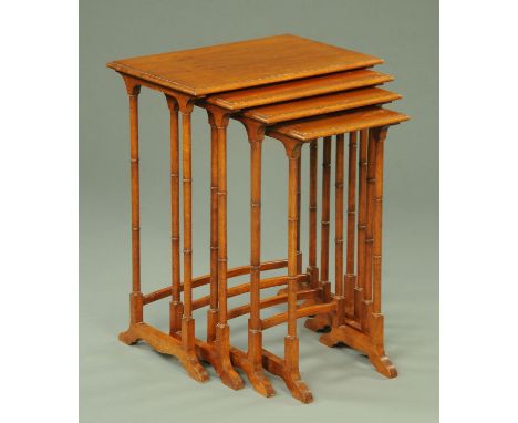 A quartetto of mahogany occasional tables, each with moulded edge and ring turned legs.  Largest width 53 cm. 