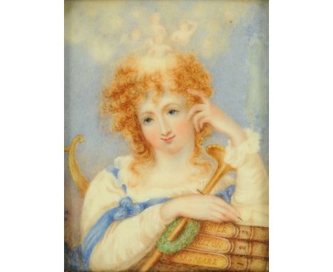 S.D.M. 1831 portrait miniature on ivory, young girl with books Homer, Milton and Shakespeare, 8 cm x 6 cm, framed, signed wit