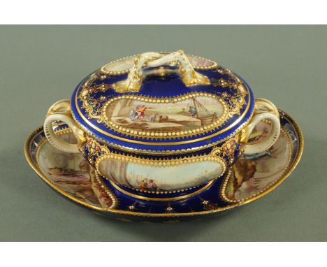 A Sevres Porcelain Ecuelle cover and stand, date letter F for circa 1758/59/59, each piece with a kidney shaped cartouche dep