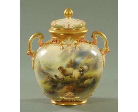 A Royal Worcester pot pourri and cover, date code for 1909, decorated with sheep in a mountainous landscape with lake, signed