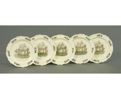 Five early 19th century Creamware plates, each decorated with a ship portrait, diameter 25 cm. CONDITION REPORT: One pate has
