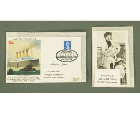Titanic Interest - Two Millvina Dean autographed items, envelope and postcard.  Millvina Dean was the youngest Titanic surviv