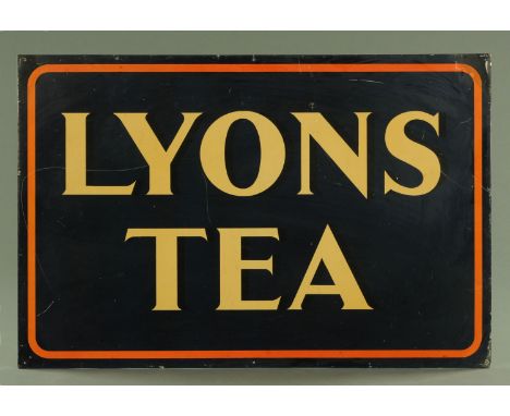A lithograph tin sheet advertising Lyons tea, within an orange border and blue ground, unmarked verso, 49.5 cm x 75 cm. CONDI