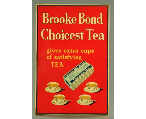 A colour lithograph tin sheet free standing advertising sign, for Brooke Bond choicest tea, gives extra cups of satisfying te