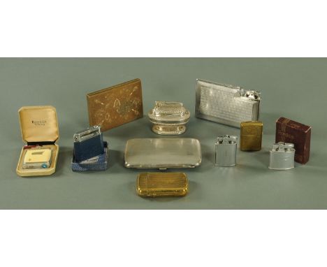 A collection of Vintage cigarette lighters, an engine turned Art Deco cigarette case and a brass Vesta case (10).