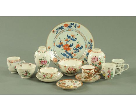 Assorted 18th century Chinese porcelain, to include an Imari pattern plate, two tea caddies, three coffee cans, three tea bow