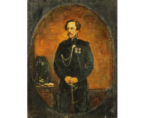 An oil painting on canvas, portrait of a gentleman in military dress holding a sword, painted in oval form, 51 cm x 40 cm, un