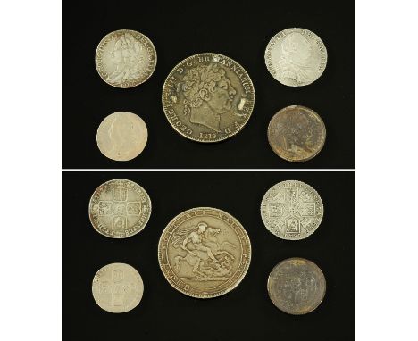 George II - George III sixpence 1758, shilling 1745 Lima, with semee of hearts, shilling 1787, crowns in angles, shilling 181