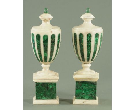 A pair of white marble and malachite vases, each with malachite finial on a turned knop, the body inset with malachite panels