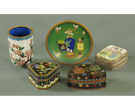 Two cloisonne lidded boxes, a cloisonne plate and spill vase and a modern silver coloured metal trinket box with porcelain pl