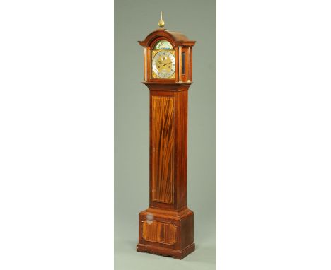 A mahogany grandmother clock, 20th century, the arched brass dial with ship automaton above a silvered chapter ring and subsi