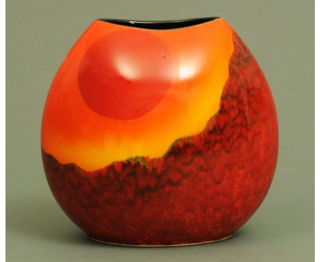 A large Poole pottery "purse" vase, decorated in the sunset pattern, moulded and inscribed marks to the underside, 25.5 cm hi