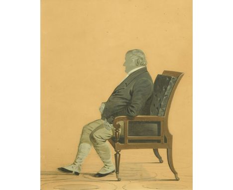 A Regency portrait silhouette of a gentleman, circa 1810/20, seated in a library chair heightened with body colour, mounted w
