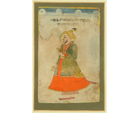 A full length portrait of Muhammad Shah, 18th/19th century, depicted in profile with gilt halo holding a gilt leaf and sword 