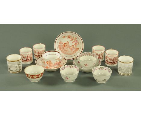 Mixed English porcelain tea and coffee ware, late 18th/early 19th century, comprising 4 tea bowls and 1 saucer, 6 bat printed