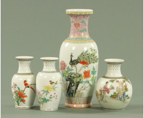 Four Chinese porcelain vases, late 20th century, the tallest decorated with a peacock upon rockwork flanked by peony, a poem 