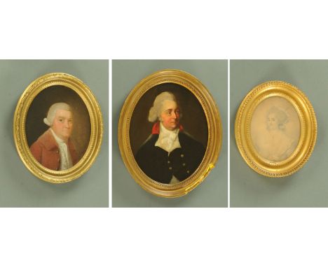 Two 18th century portraits of gentlemen, each wearing a white wig, oil on canvas, painted oval, and a pencil sketch of a Geor