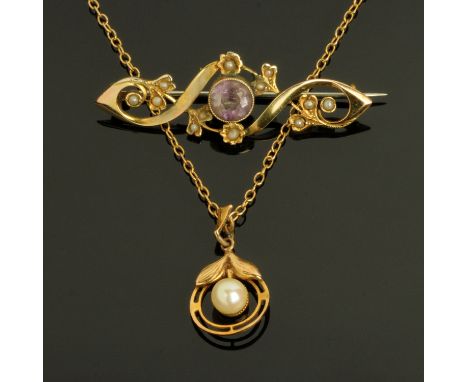 A 9 ct gold amethyst and seed pearl set bar brooch, and a 9 ct gold pearl set pendant with fine link chain, not hallmarked. 