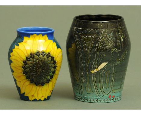An elephant vase and sunflower vase, both designed by Sally Tuffin for Dennis China Works, circa 2000, limited edition number