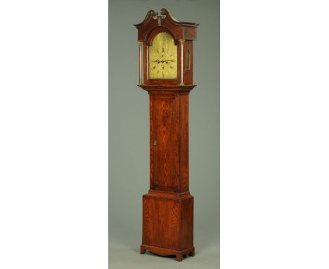 A George III oak longcase clock, with swans neck pediment above the arched glazed door enclosing the brass dial and two-train