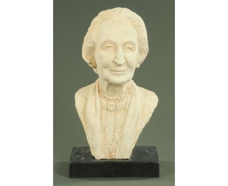 Meryll Evans, a portrait bust of an elderly lady raised on a slate base.  Height 64 cm. 