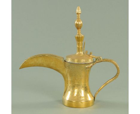 A Persian brass Dallah, with knopped finial and elongated spout, the waisted body with stylised floral decoration within squa