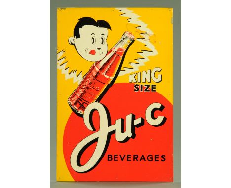 A colour lithograph tin sheet sign, advertising "King size Ju-C beverages", produced by the Metal Box Company Limited (Hudson